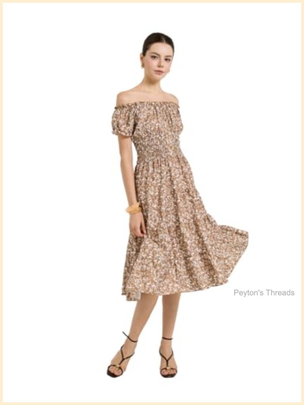 Floral Shirred Flared Midi Dress Off Shoulder Puff Sleeve Casual Summer